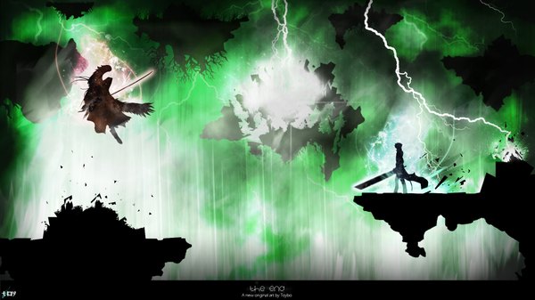 Anime picture 1920x1080 with final fantasy final fantasy vii square enix cloud strife sephiroth toyboj highres wide image inscription magic light landscape scenic silhouette lightning boy weapon wings cloak huge weapon