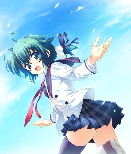 Anime picture 1280x1500 with hoshi no ouji-kun yuri golovnin qp:flapper tall image blush open mouth blue eyes game cg green hair girl serafuku