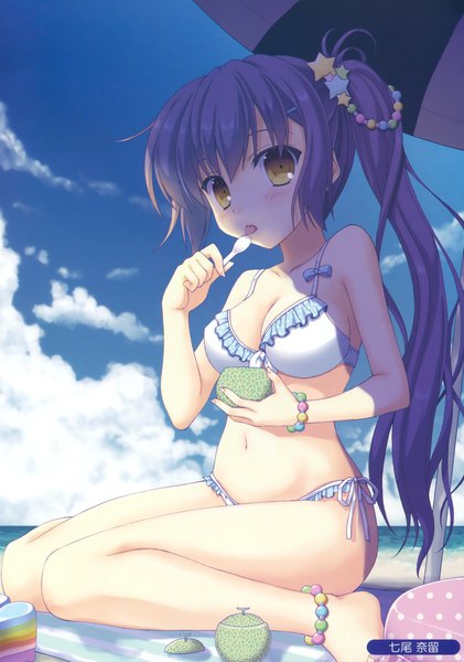 Anime picture 2379x3392 with melonbooks nanao naru single long hair tall image blush highres breasts light erotic brown eyes blue hair sky cloud (clouds) ponytail scan official art beach girl navel swimsuit