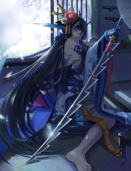 Anime picture 1000x1308 with original ryuuama single tall image looking at viewer fringe open mouth black hair sitting purple eyes bare shoulders braid (braids) very long hair traditional clothes japanese clothes barefoot horn (horns) bare legs legs twin braids