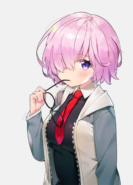 Anime picture 700x970 with fate (series) fate/grand order mash kyrielight ayami (annahibi) single tall image looking at viewer blush fringe short hair breasts simple background purple eyes holding signed pink hair upper body long sleeves hair over one eye grey background