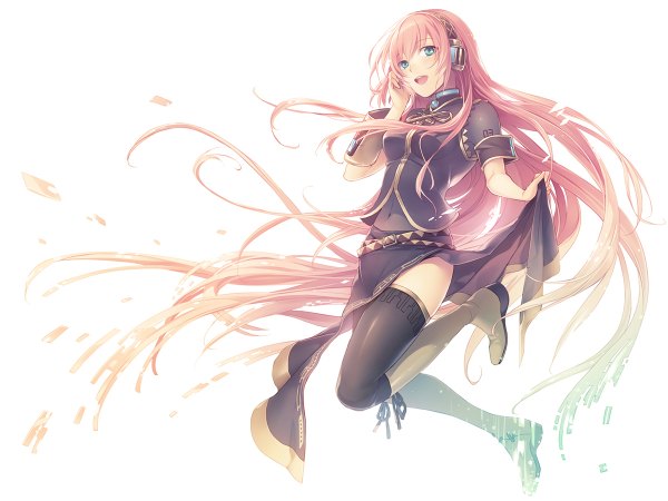 Anime picture 1200x900 with vocaloid megurine luka maro (nikeneko523) single open mouth simple background smile white background bare shoulders green eyes pink hair very long hair zettai ryouiki jumping girl thighhighs navel headphones