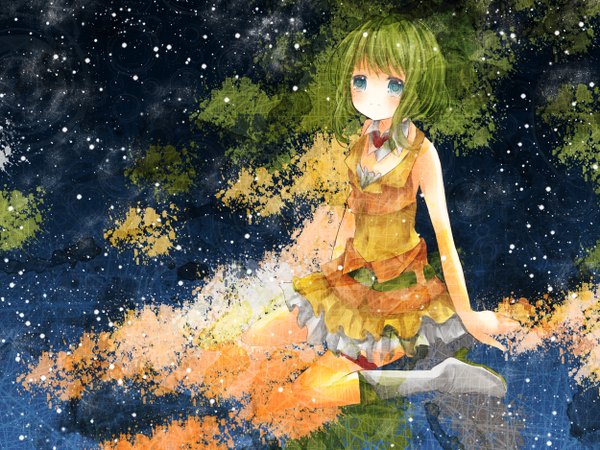 Anime picture 2500x1875 with vocaloid gumi hinanosuke single blush highres short hair blue eyes sitting bare shoulders green hair girl boots sundress