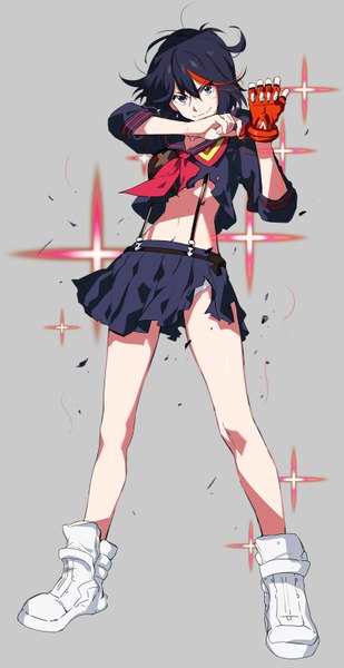 Anime picture 800x1550 with kill la kill studio trigger matoi ryuuko meer rowe single tall image looking at viewer short hair blue eyes black hair simple background full body red hair multicolored hair grey background two-tone hair sparkle streaked hair torn clothes girl