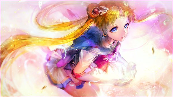 Anime picture 1200x675 with bishoujo senshi sailor moon toei animation tsukino usagi sailor moon zis (artist) single looking at viewer blue eyes blonde hair wide image twintails very long hair from above wallpaper girl skirt gloves hair ornament earrings miniskirt