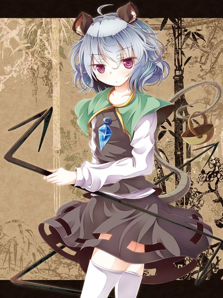 Anime picture 1668x2228 with touhou nazrin tamago gohan single tall image short hair red eyes holding animal ears ahoge animal tail grey hair girl thighhighs dress white thighhighs mantle sash
