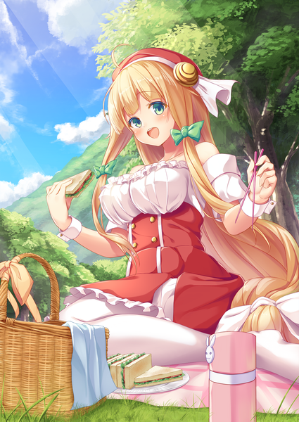 Anime picture 1254x1771 with original mafuyun single tall image blush fringe breasts open mouth blonde hair smile large breasts sitting bare shoulders holding green eyes payot looking away sky cloud (clouds) ahoge