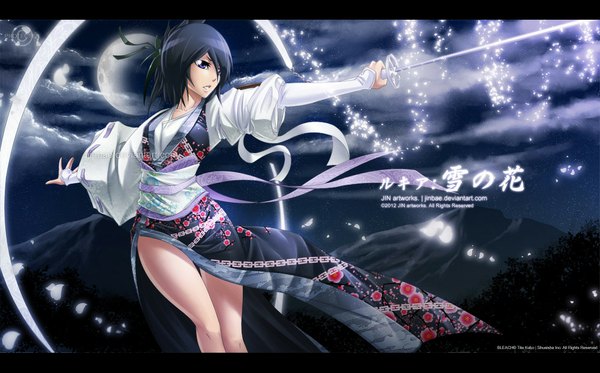 Anime picture 1125x700 with bleach studio pierrot kuchiki rukia jinbae single short hair black hair wide image purple eyes cloud (clouds) japanese clothes inscription night sky magic hieroglyph mountain crescent girl ribbon (ribbons) weapon