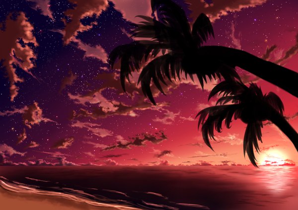 Anime picture 4093x2894 with original kijineko highres absurdres sky cloud (clouds) sunlight night night sky beach evening sunset no people landscape scenic sand plant (plants) tree (trees) sea star (stars)