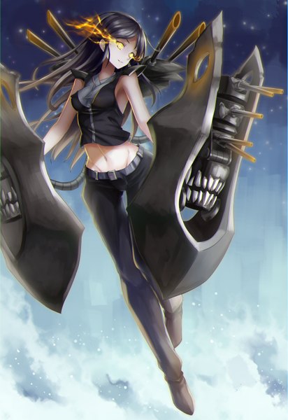 Anime picture 2031x2952 with kantai collection ru-class battleship zi se single long hair tall image highres black hair yellow eyes midriff glowing glowing eye (eyes) girl navel weapon belt