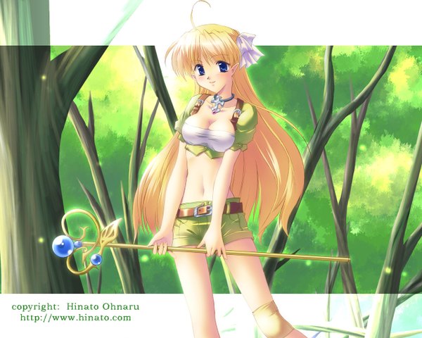 Anime picture 1280x1024 with kurahashi mahoko single long hair looking at viewer blue eyes blonde hair smile ahoge pointy ears girl navel plant (plants) tree (trees) choker shorts staff