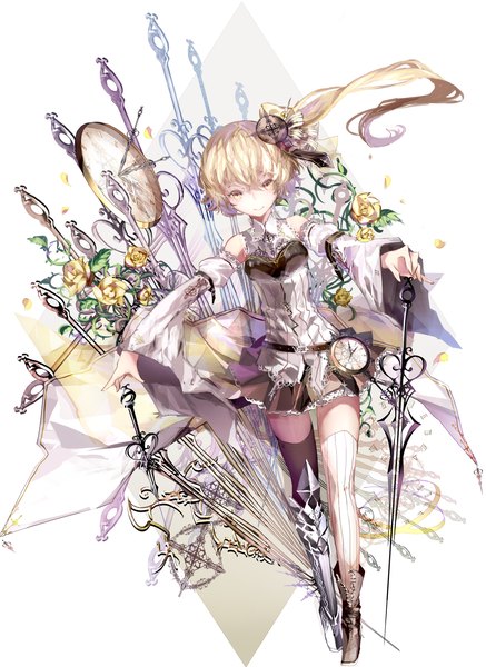 Anime picture 1736x2380 with original rooseputo 02 single long hair tall image looking at viewer highres blonde hair smile wide sleeves one side up different thighhighs girl thighhighs skirt hair ornament plant (plants) detached sleeves miniskirt petals