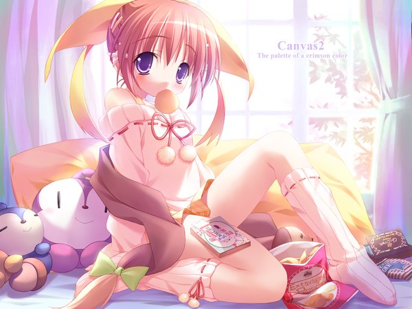 Anime picture 1280x960 with canvas 2 hagino kana single purple eyes bent knee (knees) indoors sunlight mouth hold girl hair ornament window hairclip book (books) toy stuffed animal pom pom (clothes) chips snacks