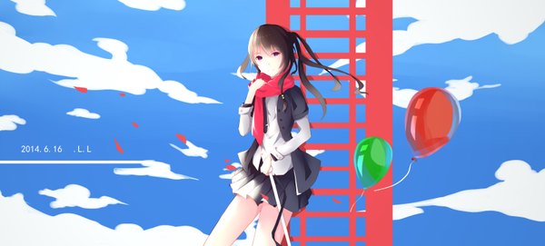 Anime picture 6400x2900 with original .l.l single long hair looking at viewer highres black hair wide image purple eyes twintails absurdres sky cloud (clouds) girl skirt shirt petals scarf balloon
