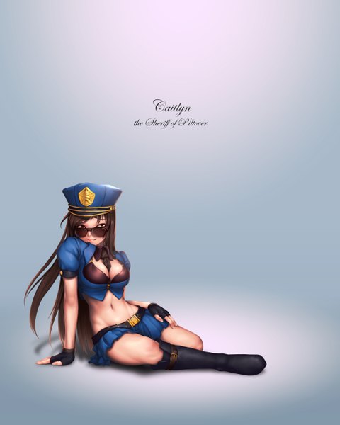 Anime picture 2000x2500 with league of legends caitlyn (league of legends) officer caitlyn ryun (artist) single long hair tall image highres breasts light erotic simple background brown hair brown eyes looking away light smile grey background bare belly girl skirt gloves