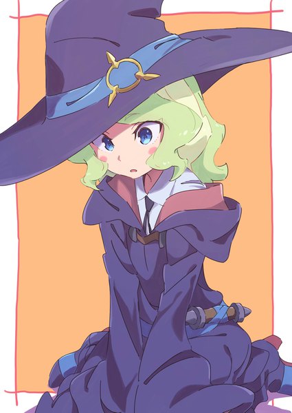 Anime picture 1254x1771 with little witch academia studio trigger diana cavendish tama (tama-s) single tall image blush fringe short hair open mouth blue eyes blonde hair simple background sitting looking down sleeves past wrists wavy hair framed witch alternate age