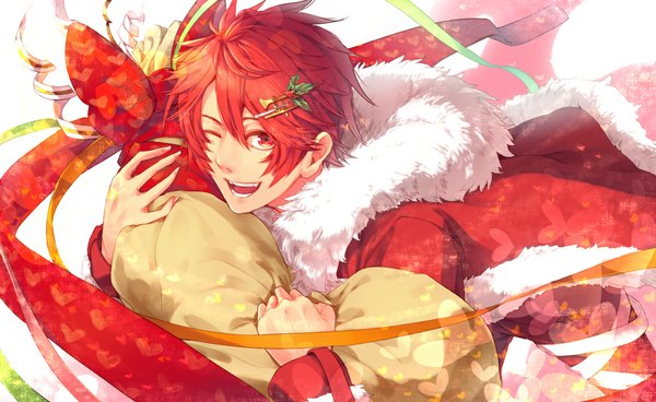 Anime picture 1100x675 with uta no prince-sama a-1 pictures ittoki otoya single looking at viewer fringe short hair open mouth smile hair between eyes red eyes wide image red hair one eye closed wink fur trim christmas boy hair ornament fur