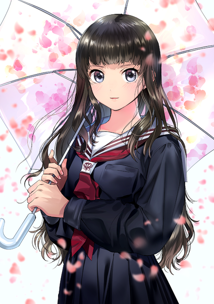 Anime picture 600x849 with original yanyo (ogino atsuki) single long hair tall image looking at viewer blush fringe simple background brown hair standing white background holding payot upper body blunt bangs long sleeves nail polish parted lips pleated skirt