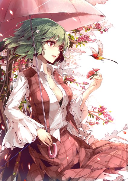 Anime picture 1240x1753 with touhou kazami yuuka sam ashton single tall image fringe breasts open mouth light erotic red eyes holding looking away green hair wind wide sleeves happy girl skirt animal petals