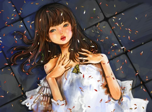 Anime picture 1150x850 with original kazaana single long hair looking at viewer blush open mouth blue eyes brown hair bare shoulders girl dress petals white dress insect butterfly
