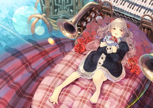 Anime picture 1754x1240 with original furukawa itsuse long hair blush fringe highres open mouth red eyes green eyes bent knee (knees) lying nail polish barefoot grey hair bare legs no shoes hug happy wavy hair clenched teeth
