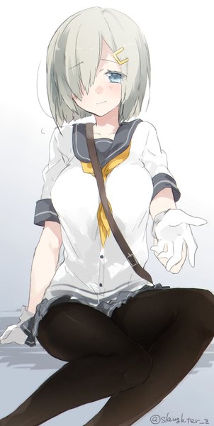 Anime picture 575x1140 with kantai collection hamakaze destroyer sino (sionori) single tall image looking at viewer blush fringe short hair blue eyes simple background sitting signed light smile grey hair hair over one eye arm support gradient background outstretched hand girl