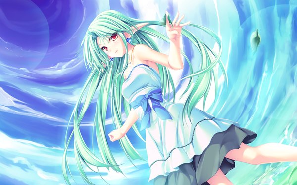 Anime picture 1920x1200 with magus tale whirlpool (studio) cecile absentia tenmaso long hair highres red eyes wide image sky green hair pointy ears dress