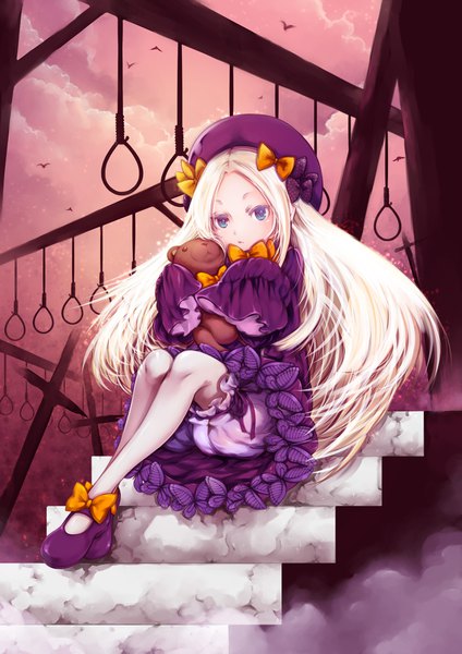 Anime picture 2894x4093 with fate (series) fate/grand order abigail williams (fate) nanafuku single long hair tall image looking at viewer fringe highres blue eyes blonde hair sitting holding sky cloud (clouds) outdoors sleeves past wrists polka dot girl