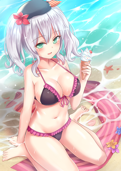 Anime picture 827x1169 with kantai collection kashima training cruiser shimokirin single long hair tall image looking at viewer blush breasts open mouth light erotic smile large breasts sitting twintails bare shoulders holding green eyes silver hair barefoot