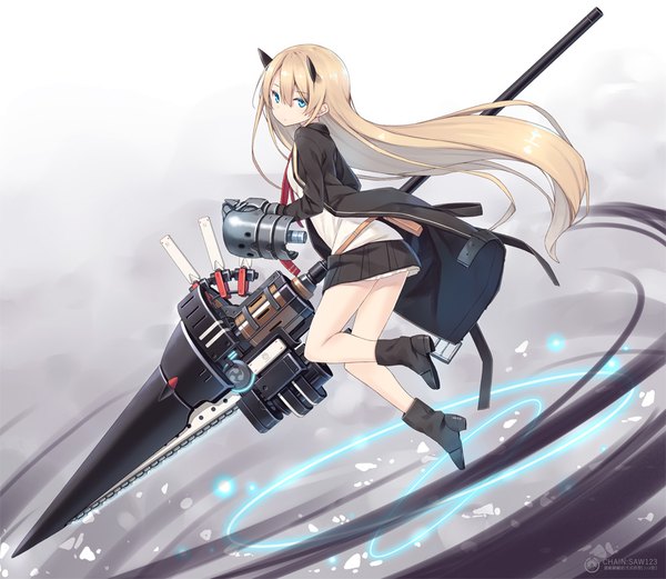 Anime picture 1000x869 with original poco (asahi age) single long hair looking at viewer fringe blonde hair simple background hair between eyes full body bent knee (knees) pleated skirt looking back horn (horns) aqua eyes gradient background watermark mechanical girl skirt