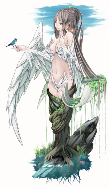 Anime picture 933x1600 with original nizuma single long hair tall image open mouth light erotic simple background brown hair brown eyes nail polish bare belly angel wings white wings rock girl plant (plants) animal wings water