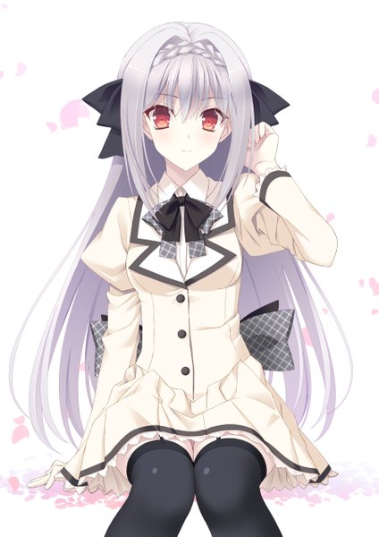 Anime picture 900x1273 with tsuki ni yorisou otome no sahou sakurakouji luna ese shinshi single long hair tall image looking at viewer simple background red eyes white background sitting white hair braid (braids) crown braid girl thighhighs uniform black thighhighs school uniform