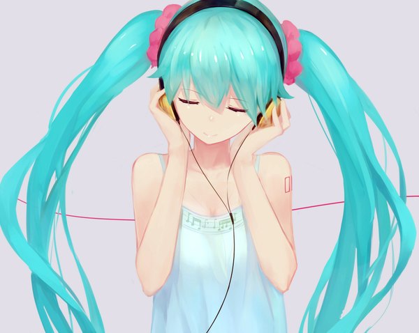 Anime picture 2048x1632 with vocaloid hatsune miku kisei2 single long hair fringe highres simple background smile twintails bare shoulders eyes closed aqua hair tattoo hand on headphones girl headphones scrunchie hair tie wire (wires)