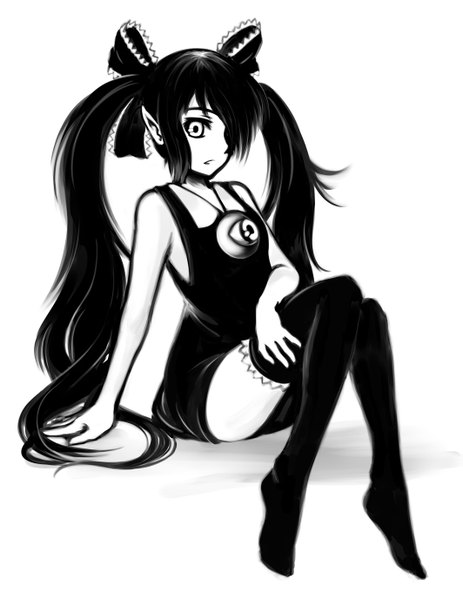 Anime picture 1063x1378 with gegege no kitarou original toei animation beako backbeard pas (paxiti) single long hair tall image fringe black hair sitting twintails pointy ears hair over one eye no shoes monochrome eyes girl thighhighs