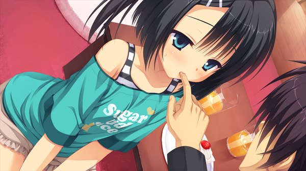 Anime picture 1280x720 with dracu-riot! yuzusoft mera azusa blush short hair blue eyes black hair wide image game cg finger to mouth girl