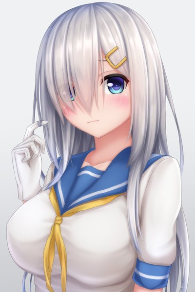 Anime picture 600x900 with kantai collection hamakaze destroyer tapisuke single long hair tall image looking at viewer blush fringe blue eyes silver hair arm up hair over one eye girl gloves uniform school uniform white gloves hairclip