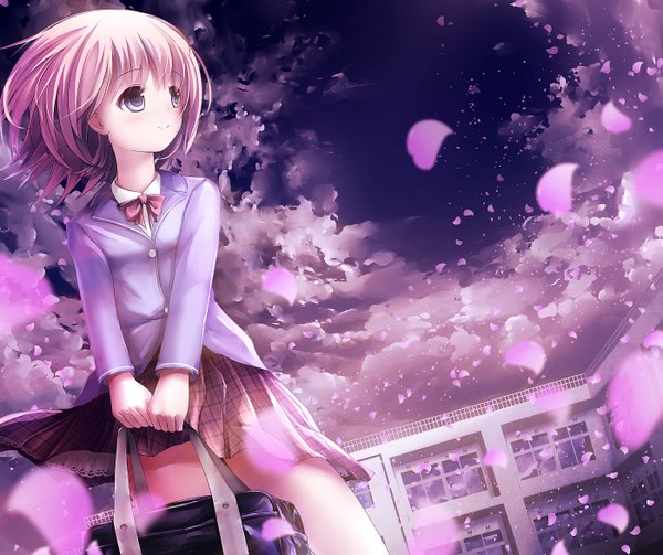 Anime picture 1399x1174 with original missle228 single short hair purple eyes looking away pink hair sky cloud (clouds) light smile wind plaid skirt scenic girl skirt miniskirt petals jacket bowtie building (buildings)