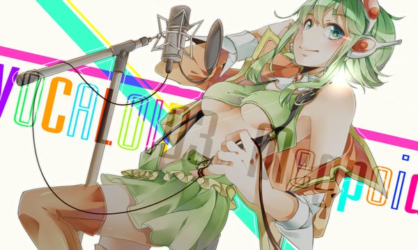 Anime picture 1500x900 with vocaloid gumi nou single looking at viewer blush short hair breasts light erotic smile wide image bare shoulders green eyes green hair open clothes no bra wallpaper copyright name open skirt girl