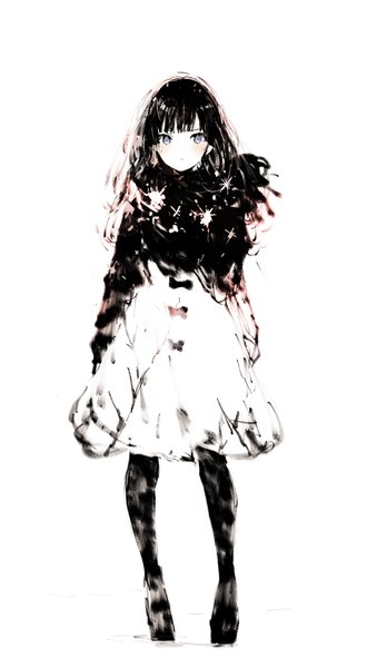 Anime picture 551x1000 with original lpip single long hair tall image looking at viewer blush fringe blue eyes black hair simple background standing white background full body sketch girl dress bow pantyhose black pantyhose