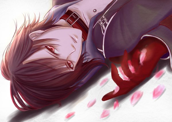 Anime picture 3035x2149 with amnesia idea factory shin (amnesia) single highres short hair black hair simple background red eyes white background absurdres lying shadow boy gloves petals collar