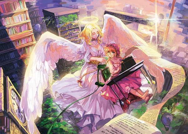 Anime picture 1126x800 with original xiezhua (amyoy) long hair open mouth blonde hair smile sitting twintails multiple girls cleavage eyes closed lips :o turning head angel wings angel girl dress hair ornament bow