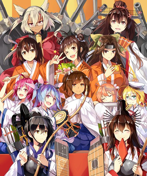 Anime picture 1000x1194 with kantai collection kaga aircraft carrier yamato super battleship akagi aircraft carrier i-19 submarine sendai light cruiser musashi super battleship i-58 submarine i-168 submarine i-8 submarine naka light cruiser jintsuu light cruiser neko (yanshoujie) long hair tall image looking at viewer blush open mouth black hair blonde hair