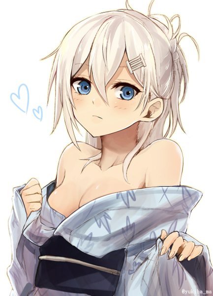 Anime picture 878x1217 with kantai collection hibiki destroyer yukihama single long hair tall image fringe breasts blue eyes light erotic simple background hair between eyes white background bare shoulders signed looking away cleavage white hair traditional clothes japanese clothes