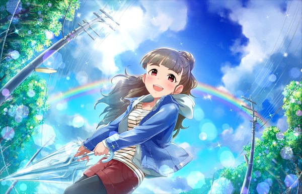 Anime picture 1280x824 with idolmaster idolmaster cinderella girls kamiya nao single long hair looking at viewer blush open mouth red eyes brown hair sky cloud (clouds) open jacket closed umbrella over the rainbow (idolmaster) girl plant (plants) tree (trees) jacket shorts
