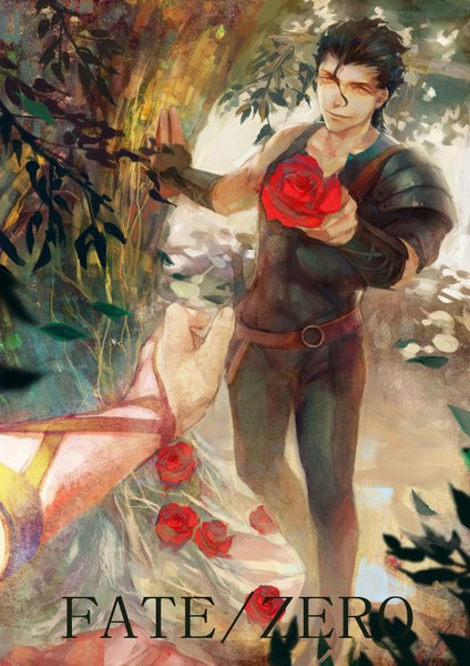 Anime picture 2483x3511 with fate (series) fate/zero studio deen type-moon diarmuid ua duibhne (lancer) (fate) shouka tall image highres black hair yellow eyes light smile inscription mole mole under eye outstretched arm boy flower (flowers) plant (plants) tree (trees) belt