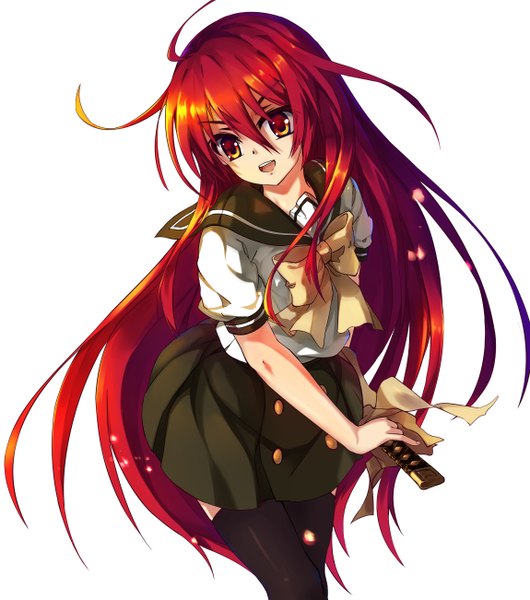 Anime picture 2300x2604 with shakugan no shana j.c. staff shana baisi shaonian single long hair tall image highres open mouth red eyes white background red hair girl thighhighs skirt uniform weapon black thighhighs miniskirt sword