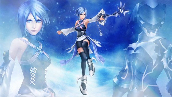 Anime picture 1600x900 with kingdom hearts square enix aqua (kingdom hearts) single short hair open mouth blue eyes wide image blue hair girl thighhighs black thighhighs detached sleeves armor