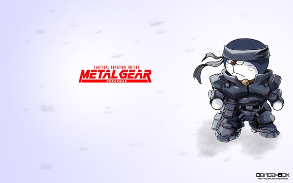 Anime picture 2560x1600 with doraemon metal gear metal gear solid konami highres wide image wind copyright name snowing winter snow crossover parody