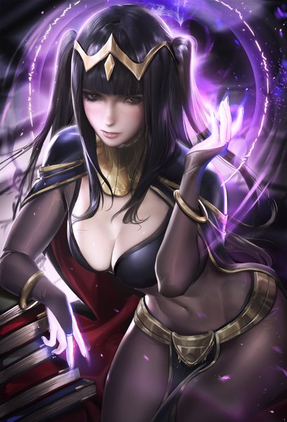 Anime picture 1156x1700 with fire emblem fire emblem awakening nintendo sarja sakimichan single long hair tall image looking at viewer fringe breasts light erotic black hair large breasts cleavage nail polish fingernails lips realistic midriff