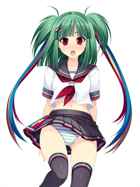 Anime picture 768x1024 with beatmania beatmania iidx hishimiya tsugaru kinoshita ichi single tall image short hair open mouth light erotic simple background white background purple eyes green hair two side up skirt lift girl thighhighs uniform underwear panties